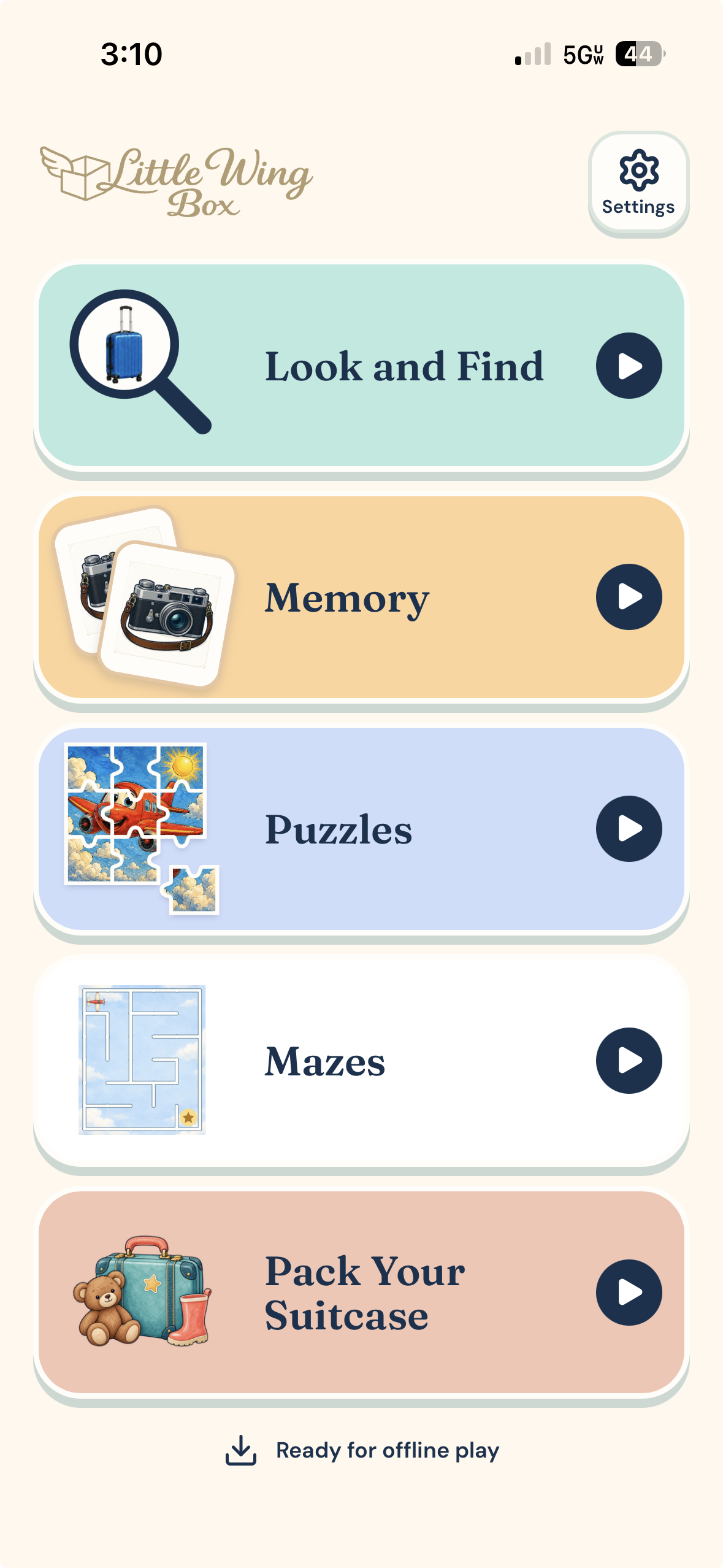 Little Wing Games on iPhone, showing Look and Find, Memory, Puzzles, Mazes, Pack Your Suitcase, and Ready for offline play